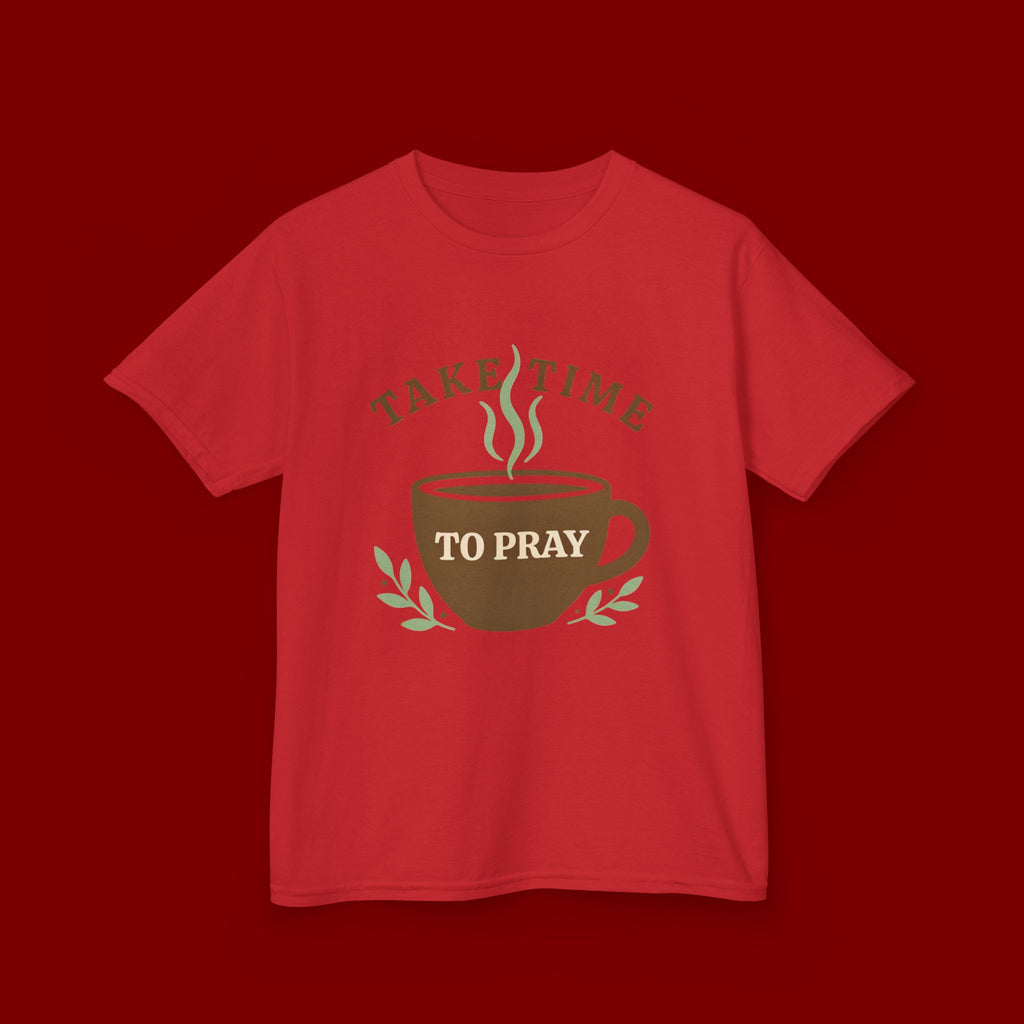 Kids Tee — "Take Time to Pray" Coffee Cup Faith Graphic