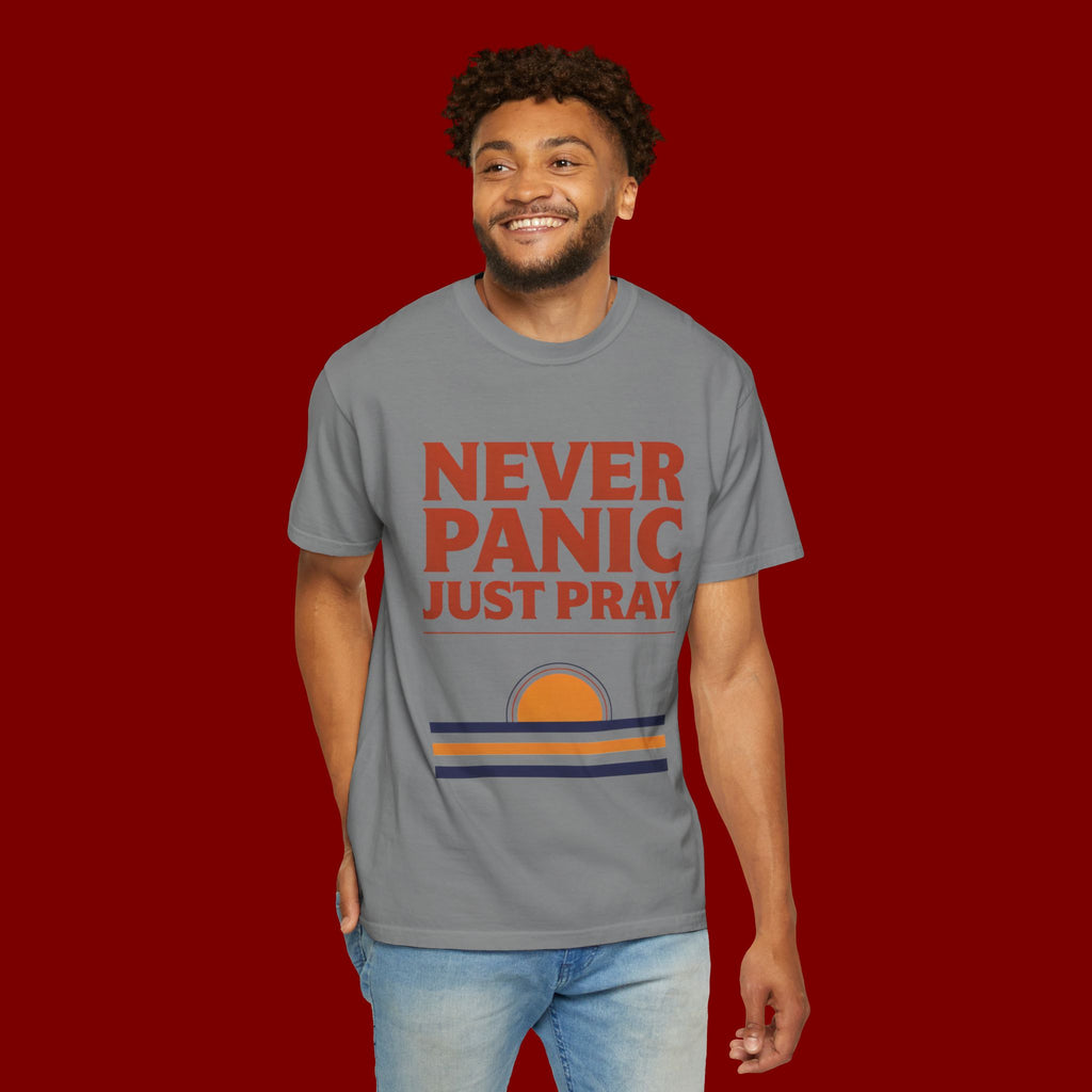 Never Panic Just Pray T‑Shirt — Retro Sunset Faith Tee