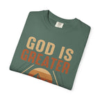 God Is Greater Mountain T-Shirt — Christian Faith Graphic Tee