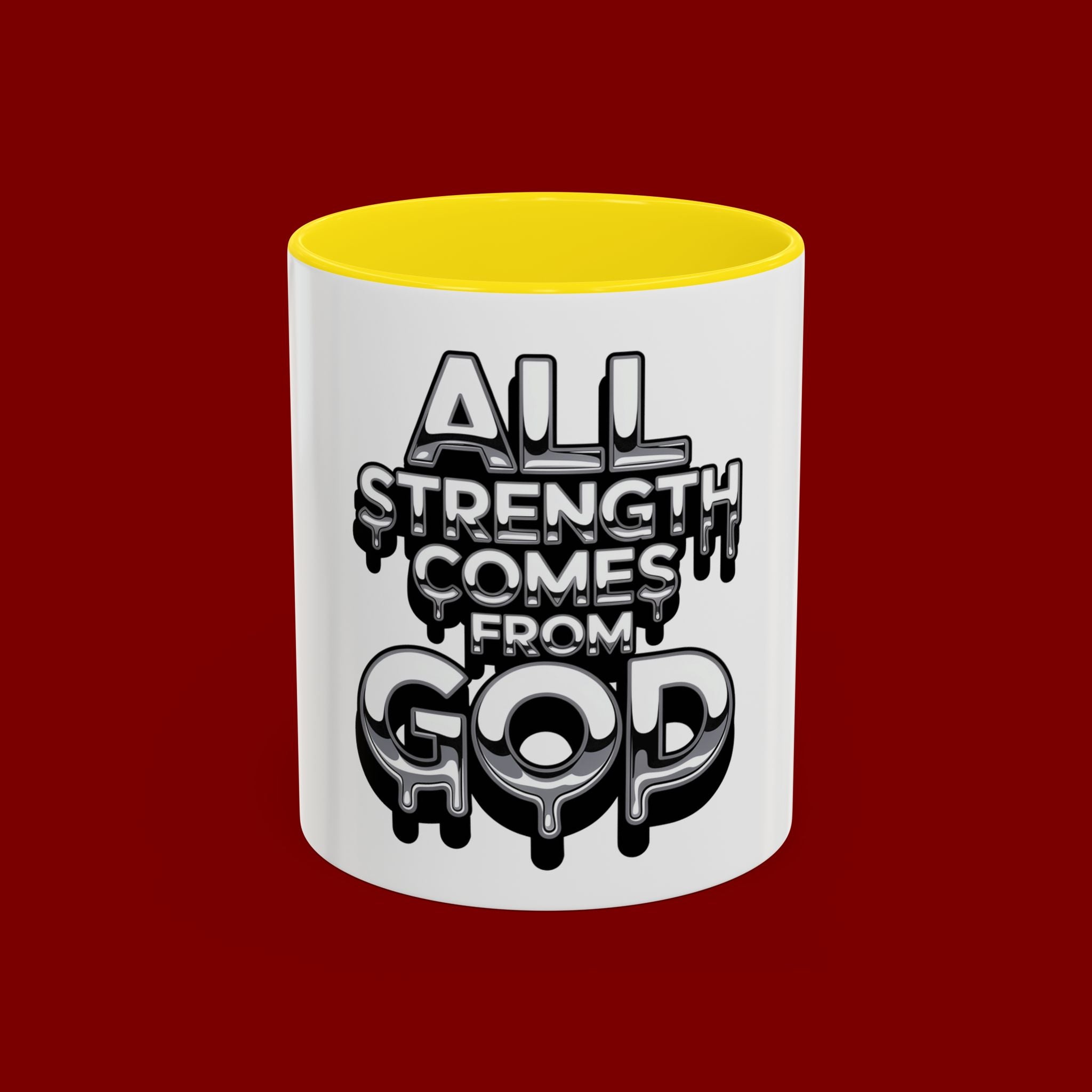 Ceramic Mug — "All Strength Comes From God" Black Accent Coffee Cup (11/15 oz)