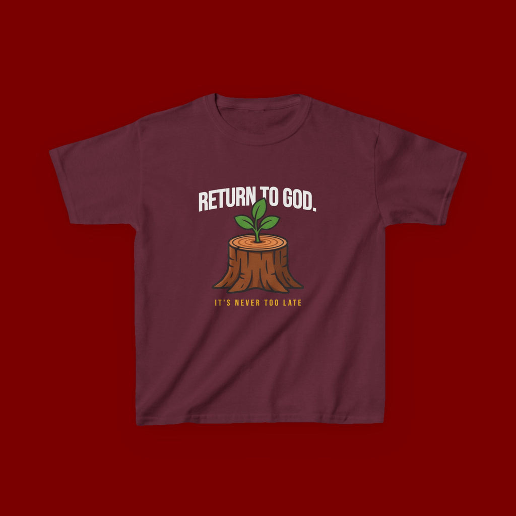 Return to God Kids T-Shirt – Tree Stump with Sprout, “It’s Never Too Late” Inspirational Youth Tee
