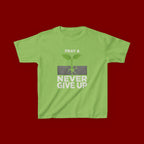 Kids Tee – "Pray & Never Give Up" Inspirational Plant Graphic