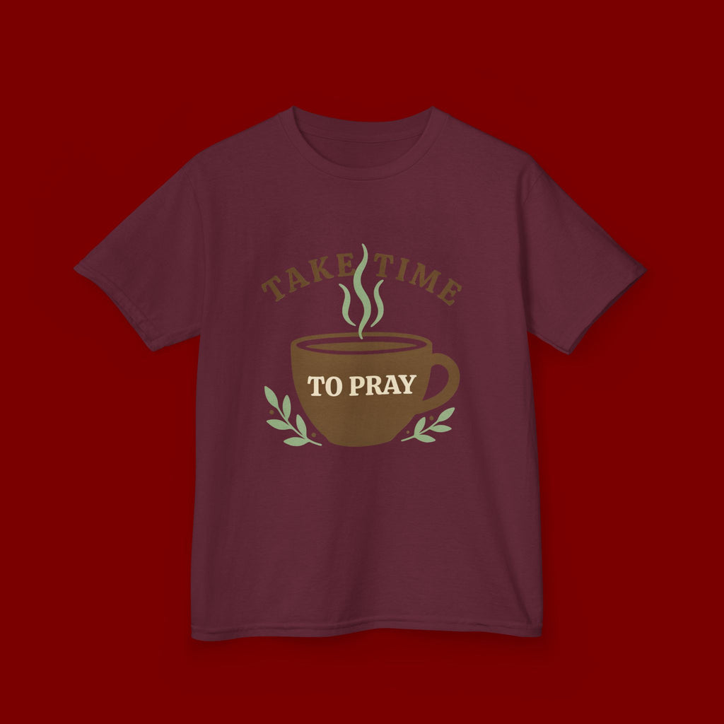 Kids Tee — "Take Time to Pray" Coffee Cup Faith Graphic