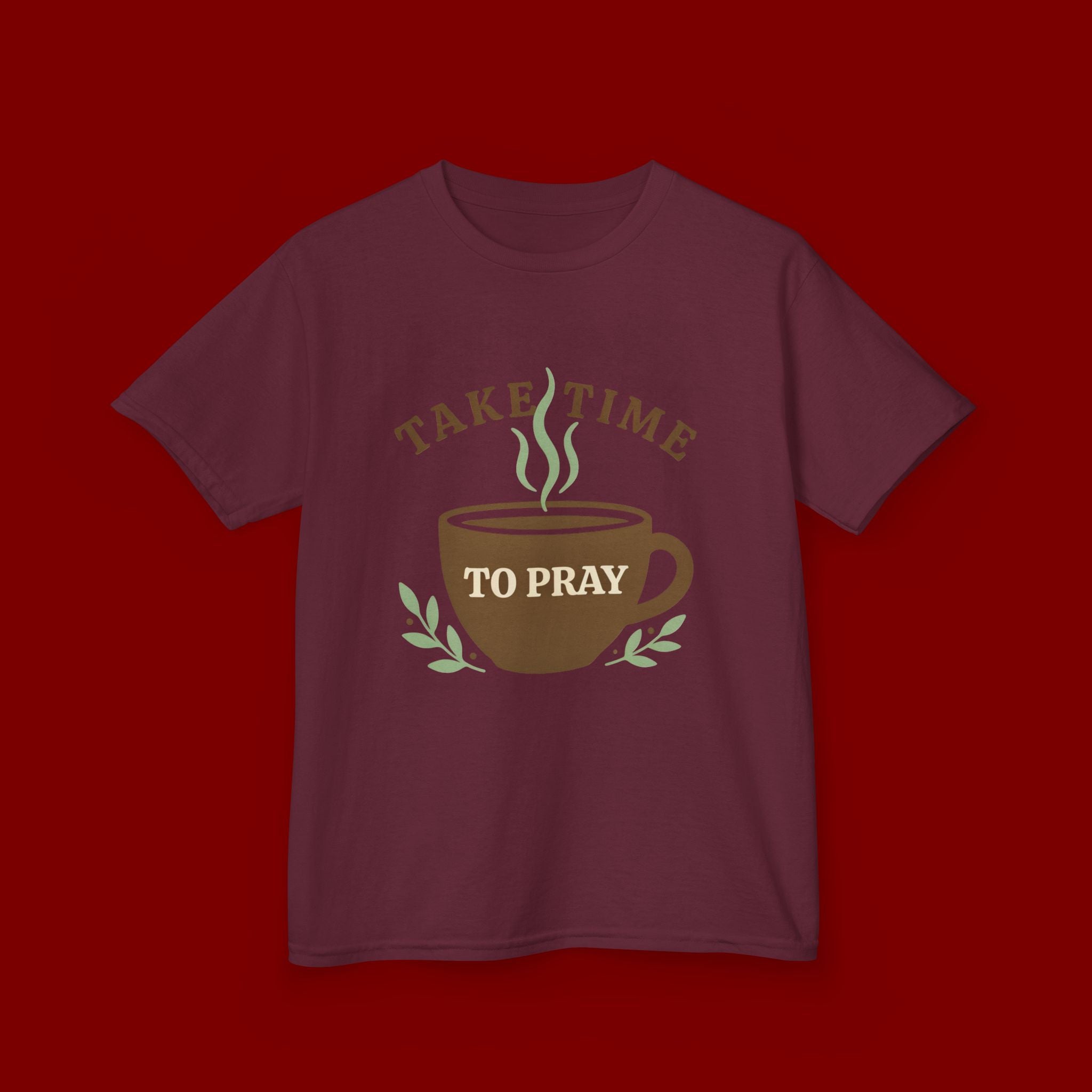 Kids Tee — "Take Time to Pray" Coffee Cup Faith Graphic