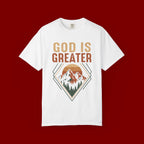 God Is Greater Mountain T-Shirt — Christian Faith Graphic Tee
