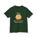 Kids Tee — "When GOD steps in, Miracles happen." Inspirational Christian T‑Shirt with Sprout Pot Design