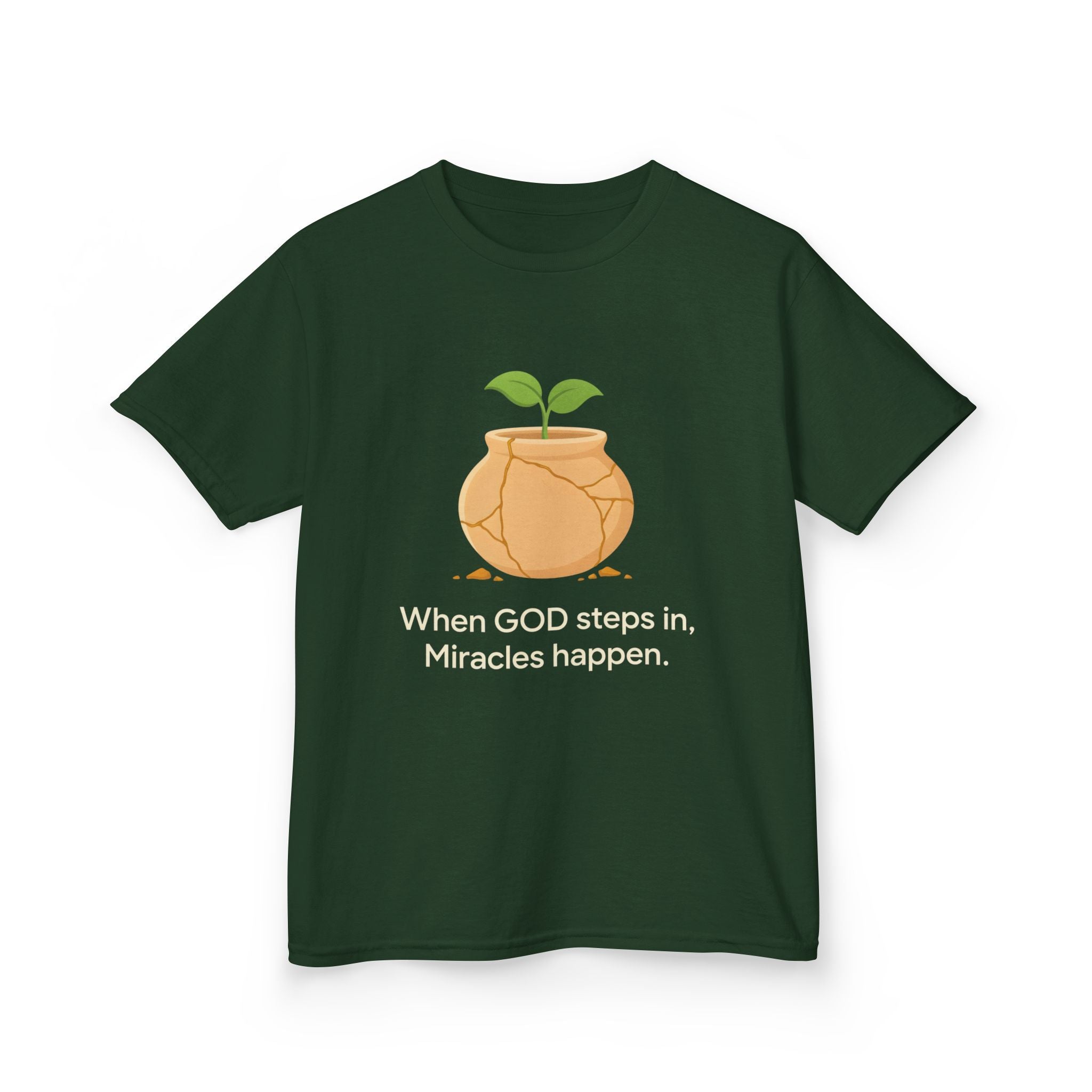 Kids Tee — "When GOD steps in, Miracles happen." Inspirational Christian T‑Shirt with Sprout Pot Design