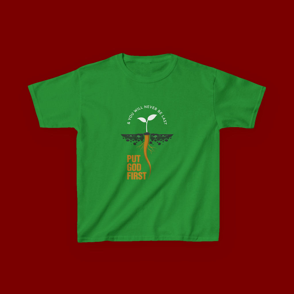 Kids T‑Shirt — 'Put God First' Religious Sprout Graphic Tee (Christian Youth)