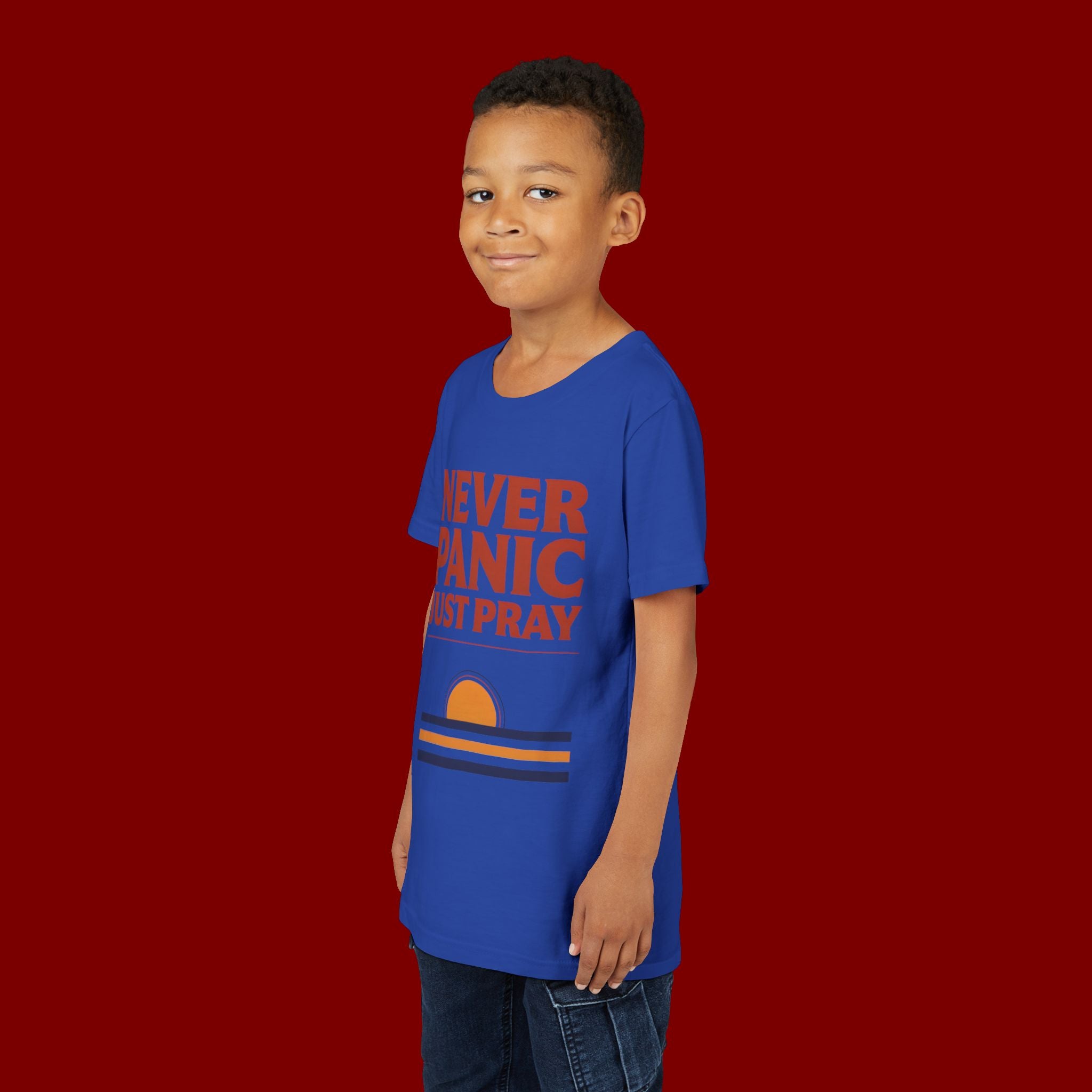 Youth Tee — "Never Panic Just Pray" Retro Sunset Kids T-Shirt