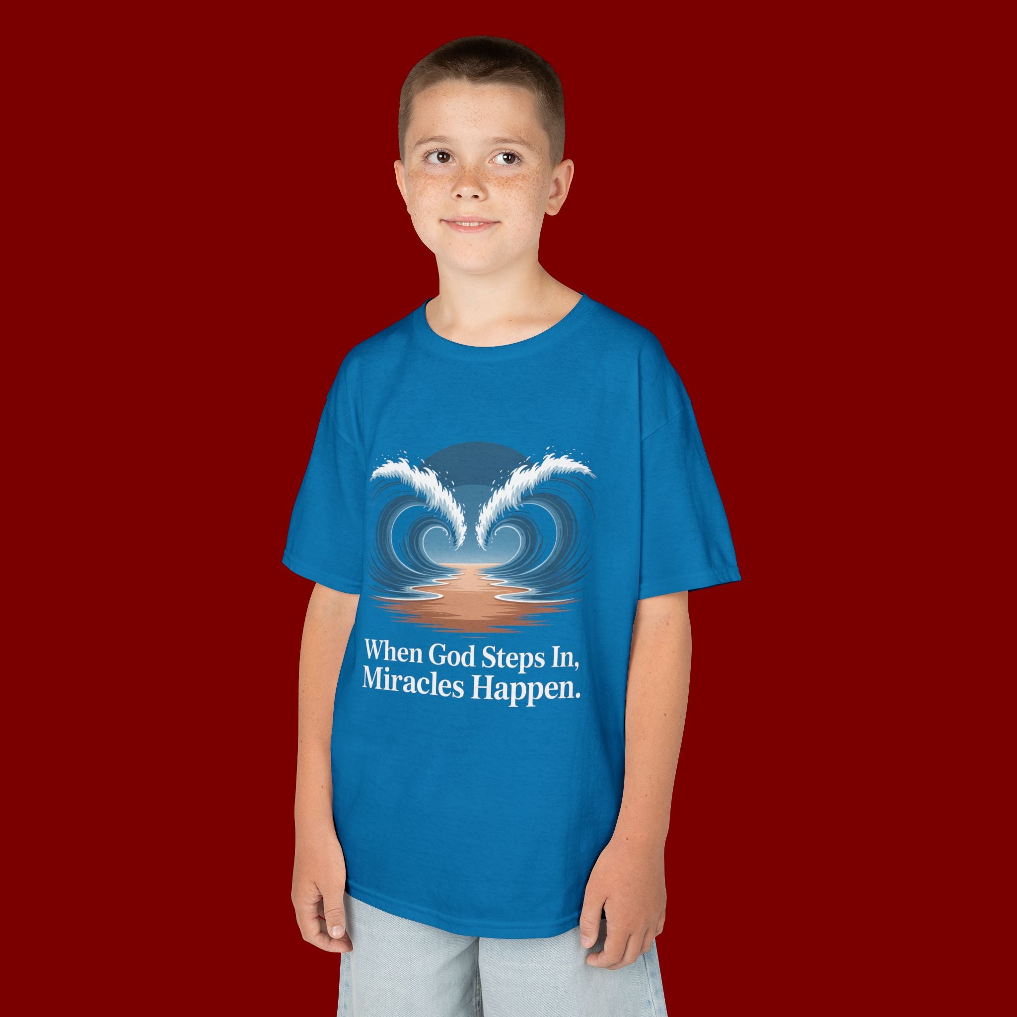 Kids Tee — “When God Steps In, Miracles Happen” Wave Heart Faith Shirt