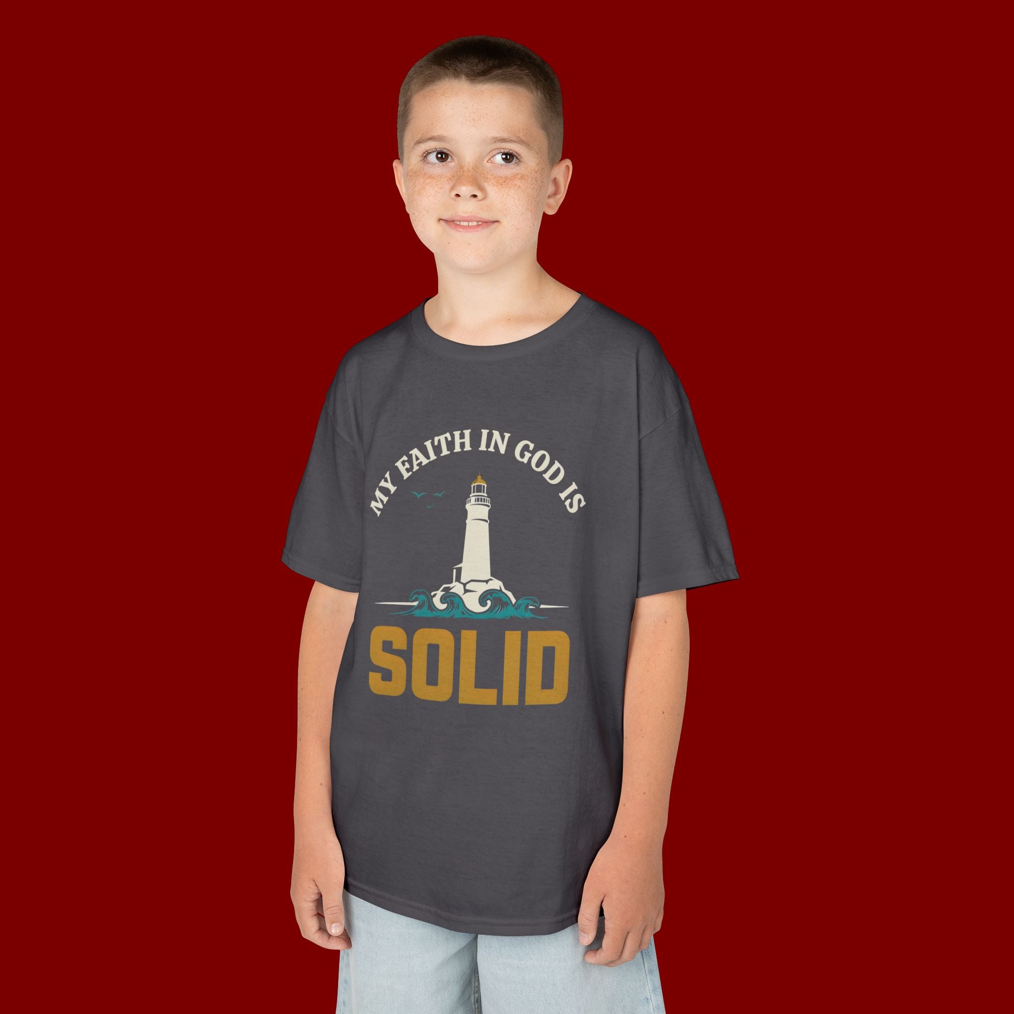 Kids T-Shirt — “My Faith in God is Solid” Lighthouse Christian Tee