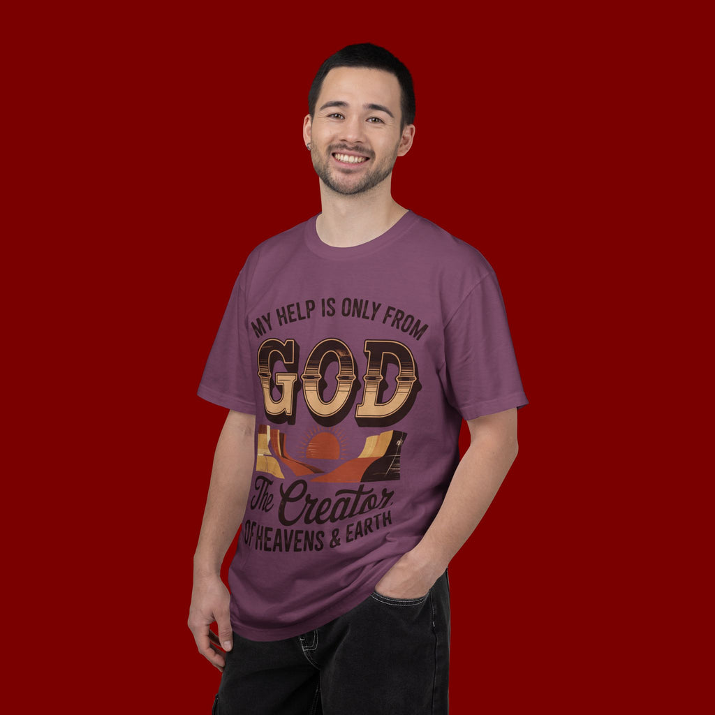 Christian T-Shirt — “My Help Is Only From God, The Creator of Heavens & Earth” Retro Faith Tee