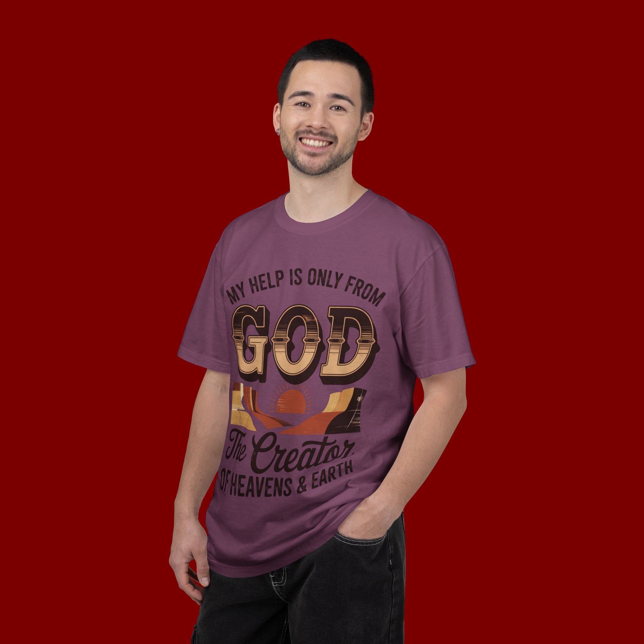 Christian T-Shirt — “My Help Is Only From God, The Creator of Heavens & Earth” Retro Faith Tee