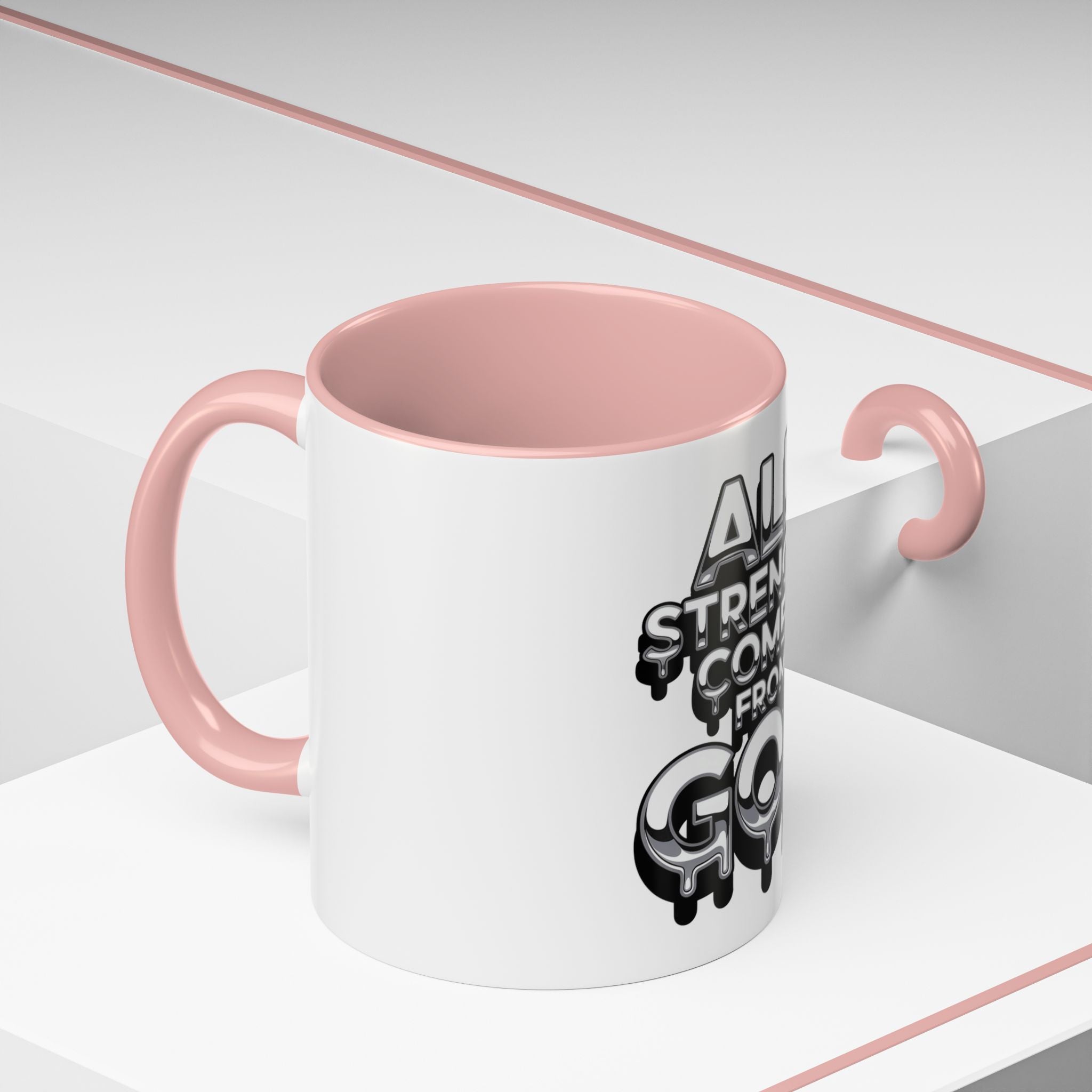 Ceramic Mug — "All Strength Comes From God" Black Accent Coffee Cup (11/15 oz)