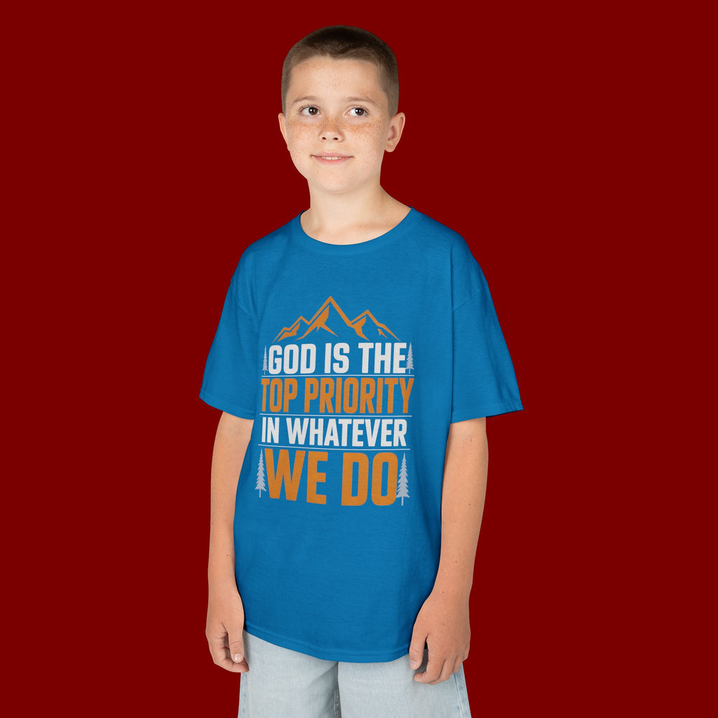Kids Tee - "God Is the Top Priority in Whatever We Do" Faith Mountain Graphic