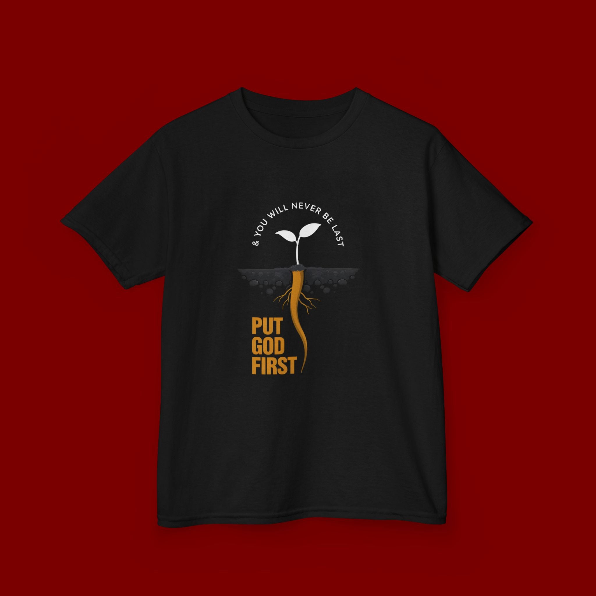 Kids T‑Shirt — 'Put God First' Religious Sprout Graphic Tee (Christian Youth)