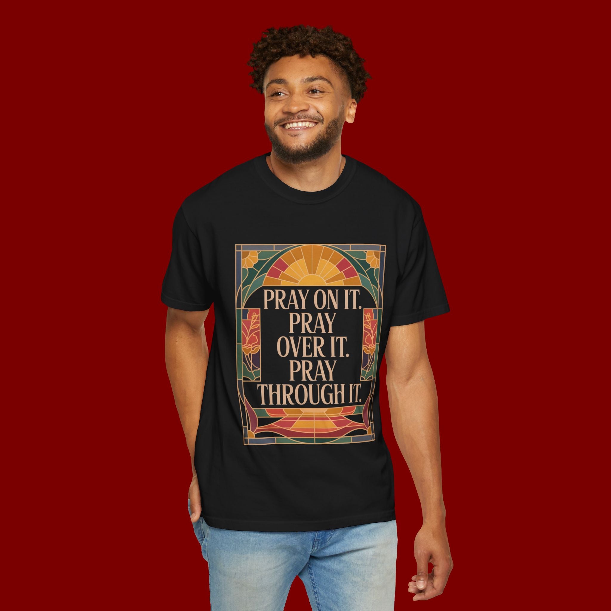 T-Shirt — Retro Sunset Floral Graphic “Play On It, Pray Over It, Pray Through It”