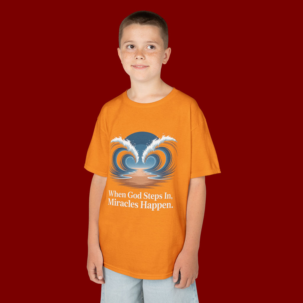 Kids Tee — “When God Steps In, Miracles Happen” Wave Heart Faith Shirt