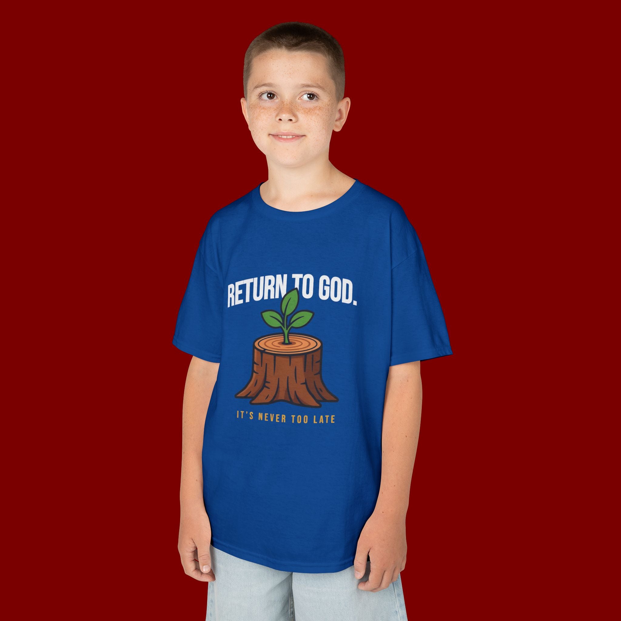 Return to God Kids T-Shirt – Tree Stump with Sprout, “It’s Never Too Late” Inspirational Youth Tee