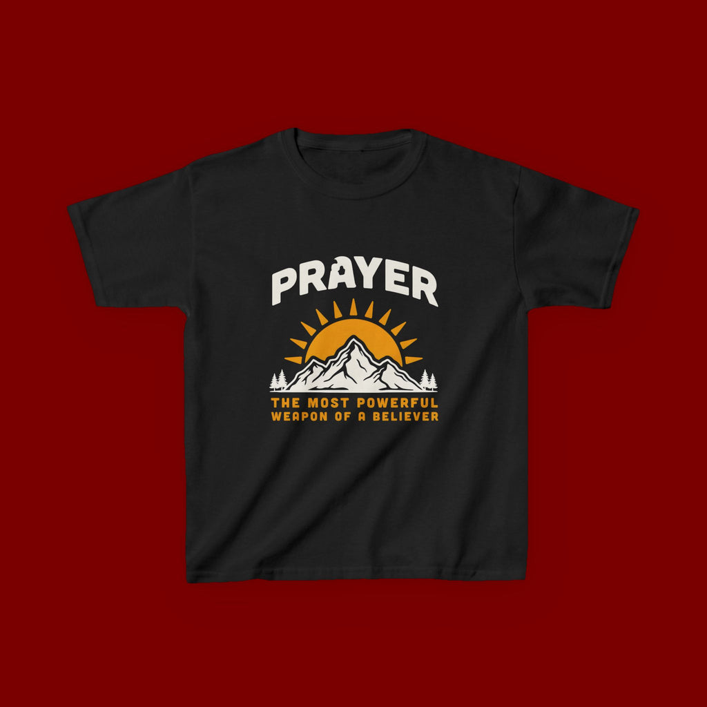 Kids Tee — "Prayer: The Most Powerful Weapon of a Believer" Mountain Sun Graphic