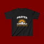 Kids Tee — "Prayer: The Most Powerful Weapon of a Believer" Mountain Sun Graphic