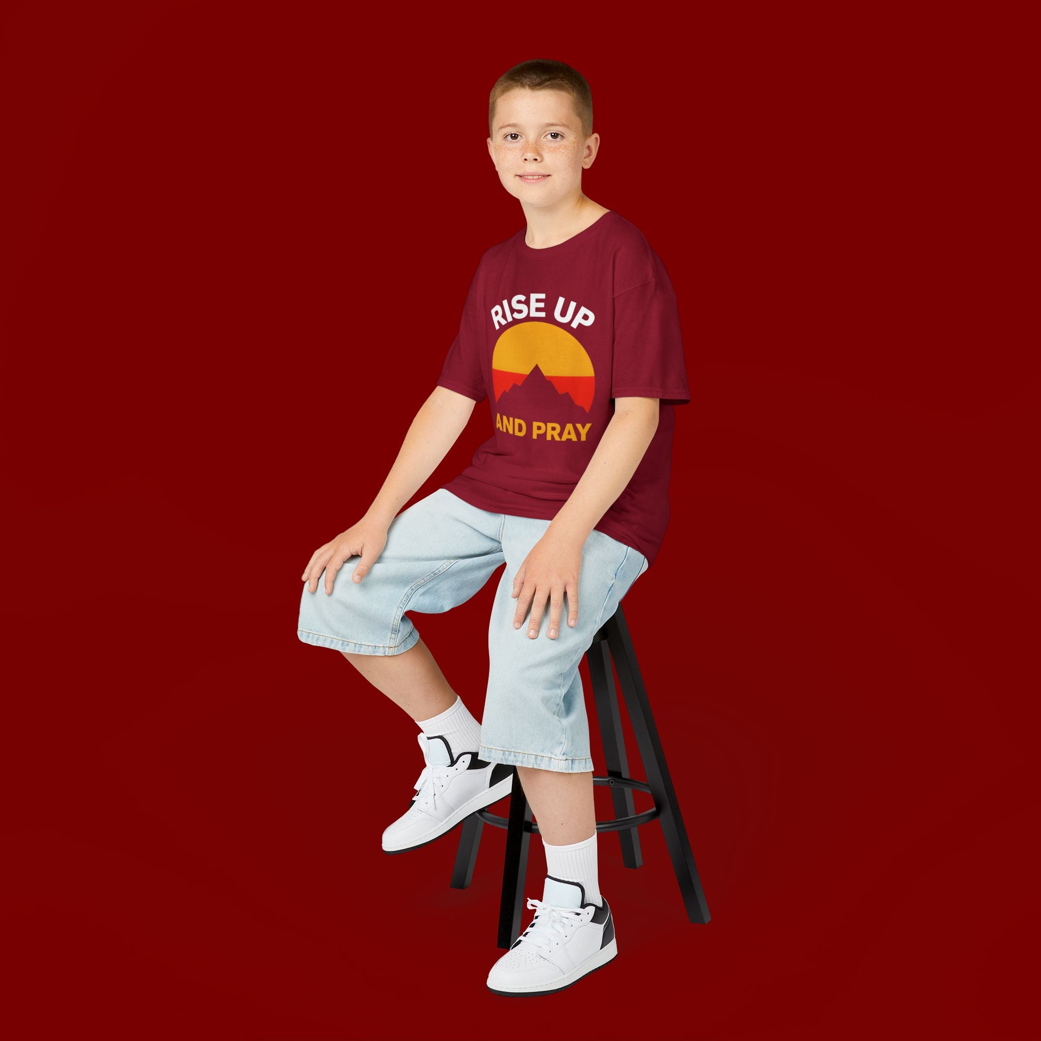Kids Tee — "Rise Up and Pray" Mountain Sunrise Faith T‑Shirt