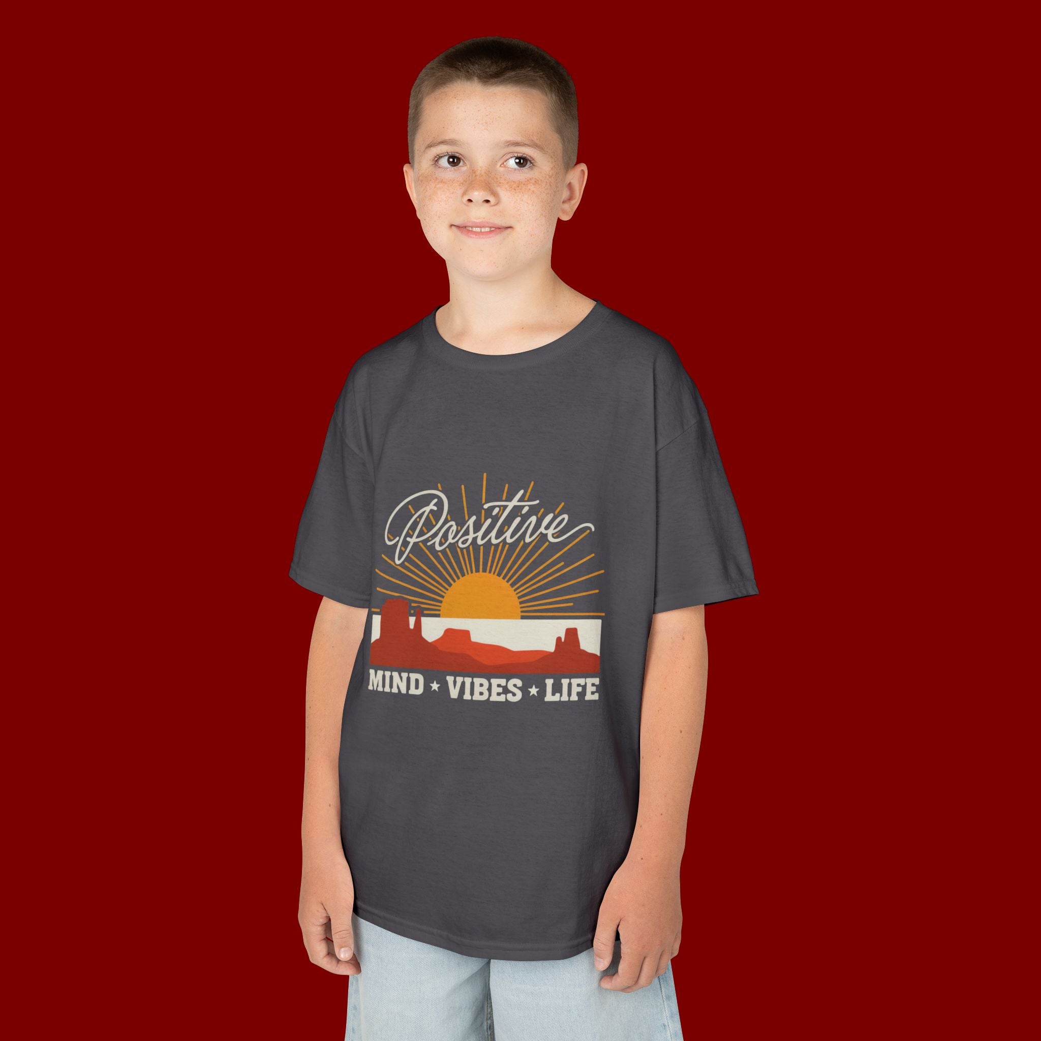 Kids T-Shirt - "Positive" Retro Sunrise Tee (Mind • Vibes • Life)