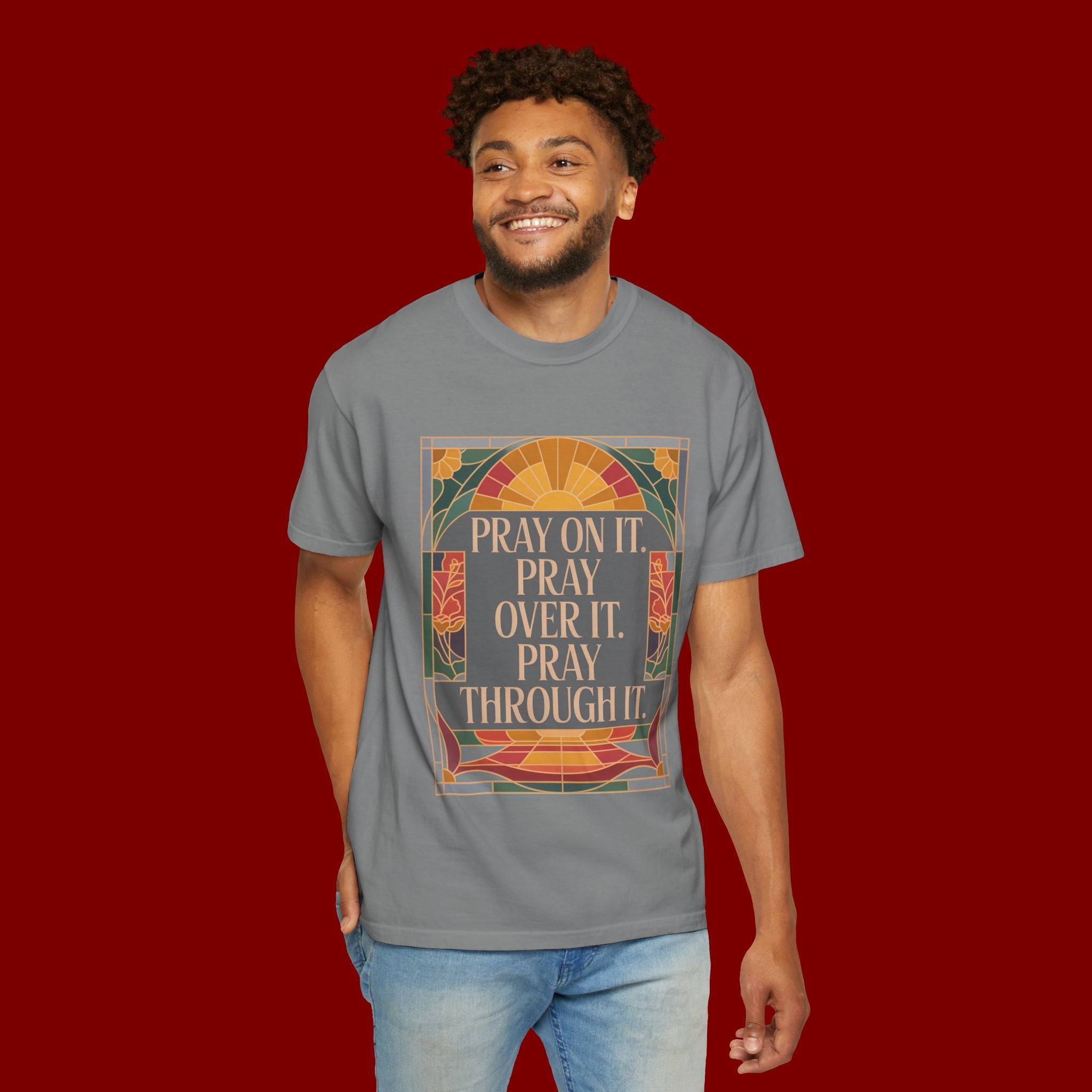 T-Shirt — Retro Sunset Floral Graphic “Play On It, Pray Over It, Pray Through It”