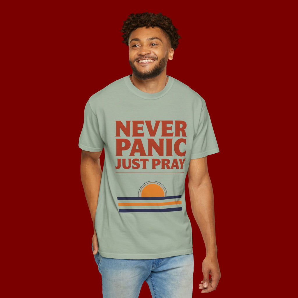 Never Panic Just Pray T‑Shirt — Retro Sunset Faith Tee