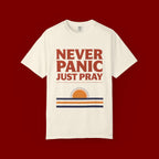 Never Panic Just Pray T‑Shirt — Retro Sunset Faith Tee