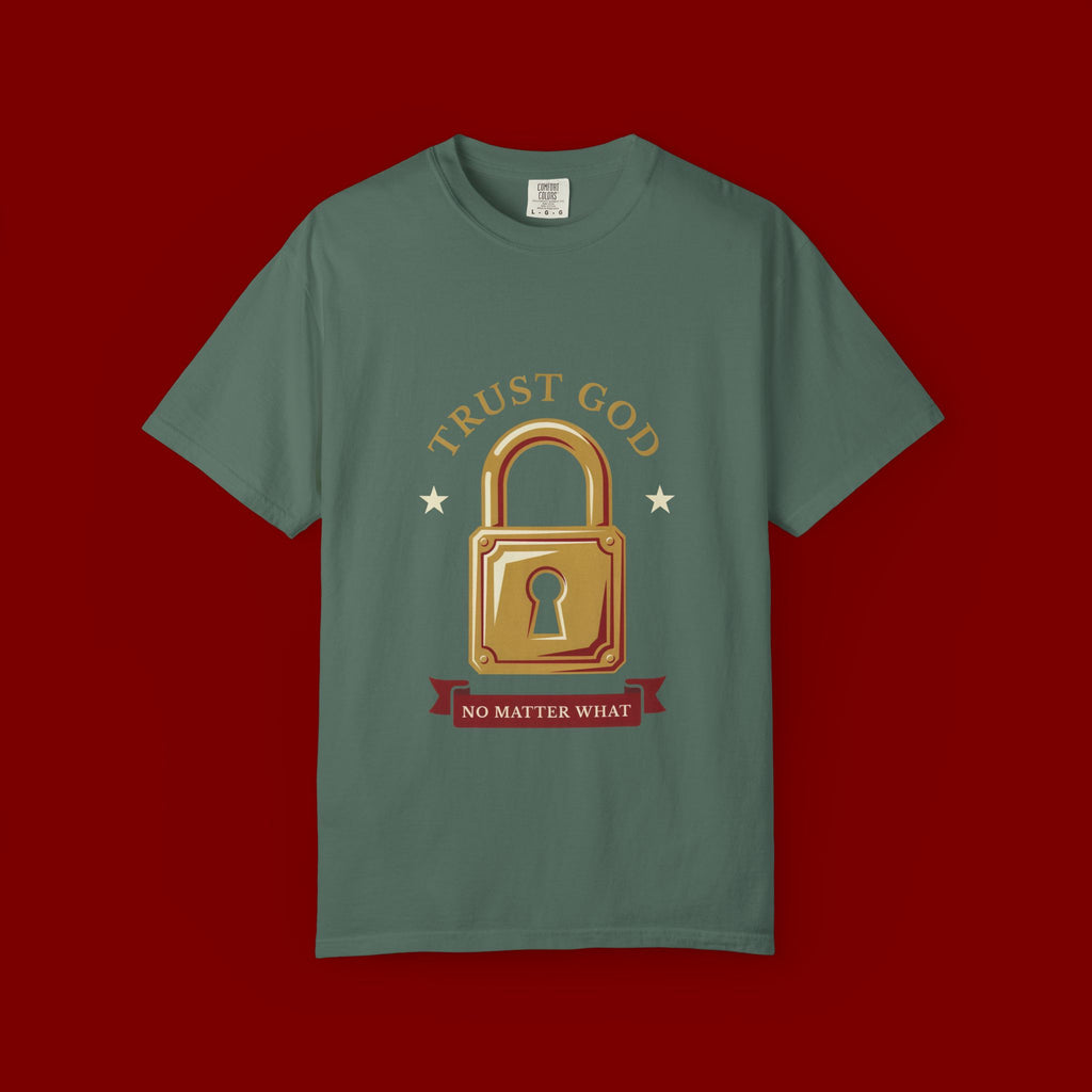 Trust God Padlock T-Shirt — "No Matter What" Christian Faith Tee