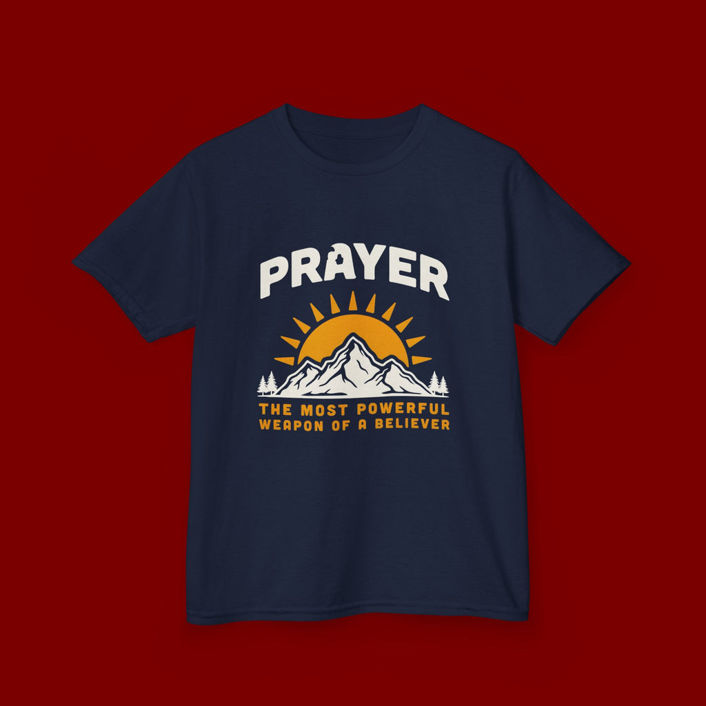 Kids Tee — "Prayer: The Most Powerful Weapon of a Believer" Mountain Sun Graphic