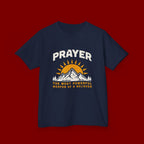 Kids Tee — "Prayer: The Most Powerful Weapon of a Believer" Mountain Sun Graphic