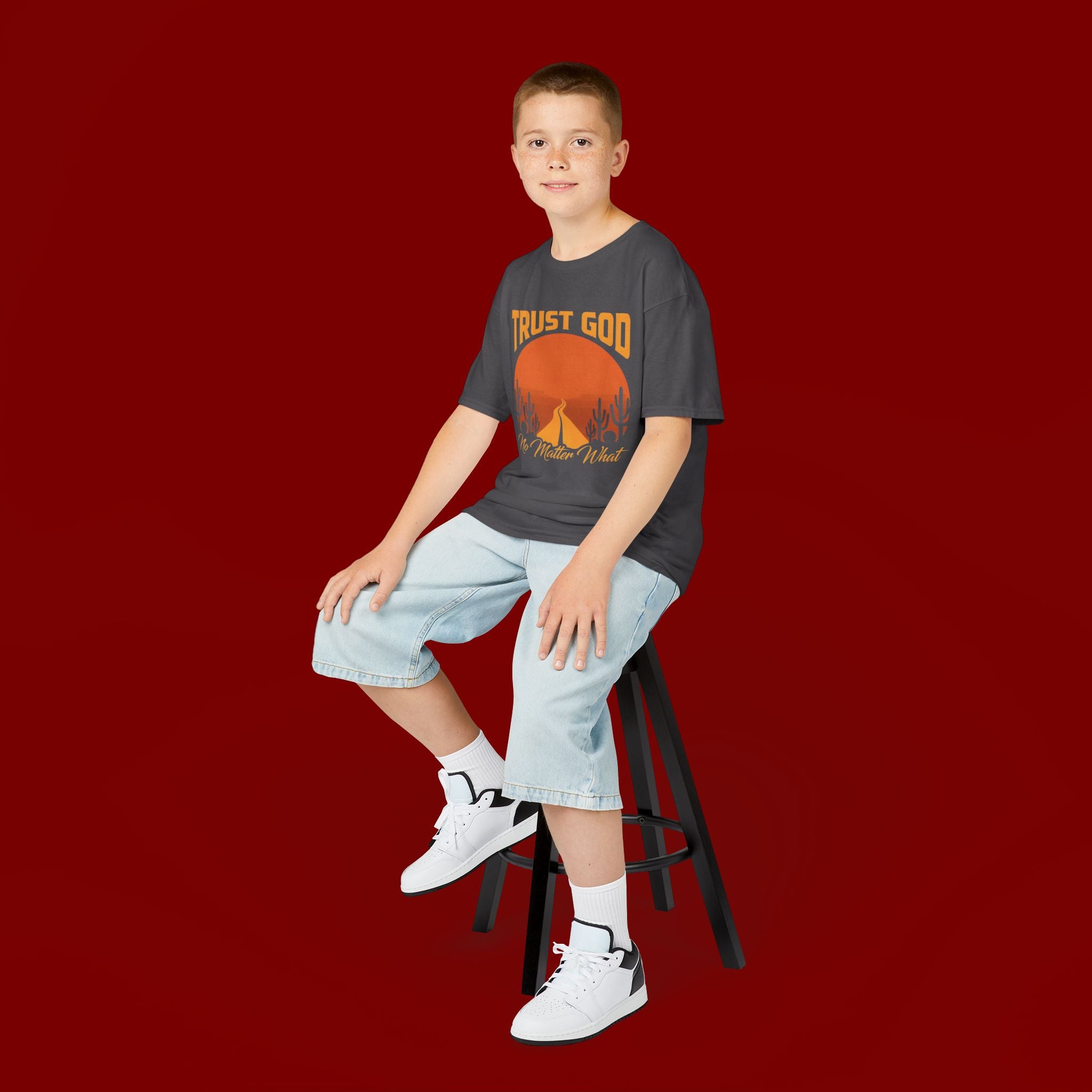 Kids Tee — "Trust God No Matter What" Sunset Camping Graphic