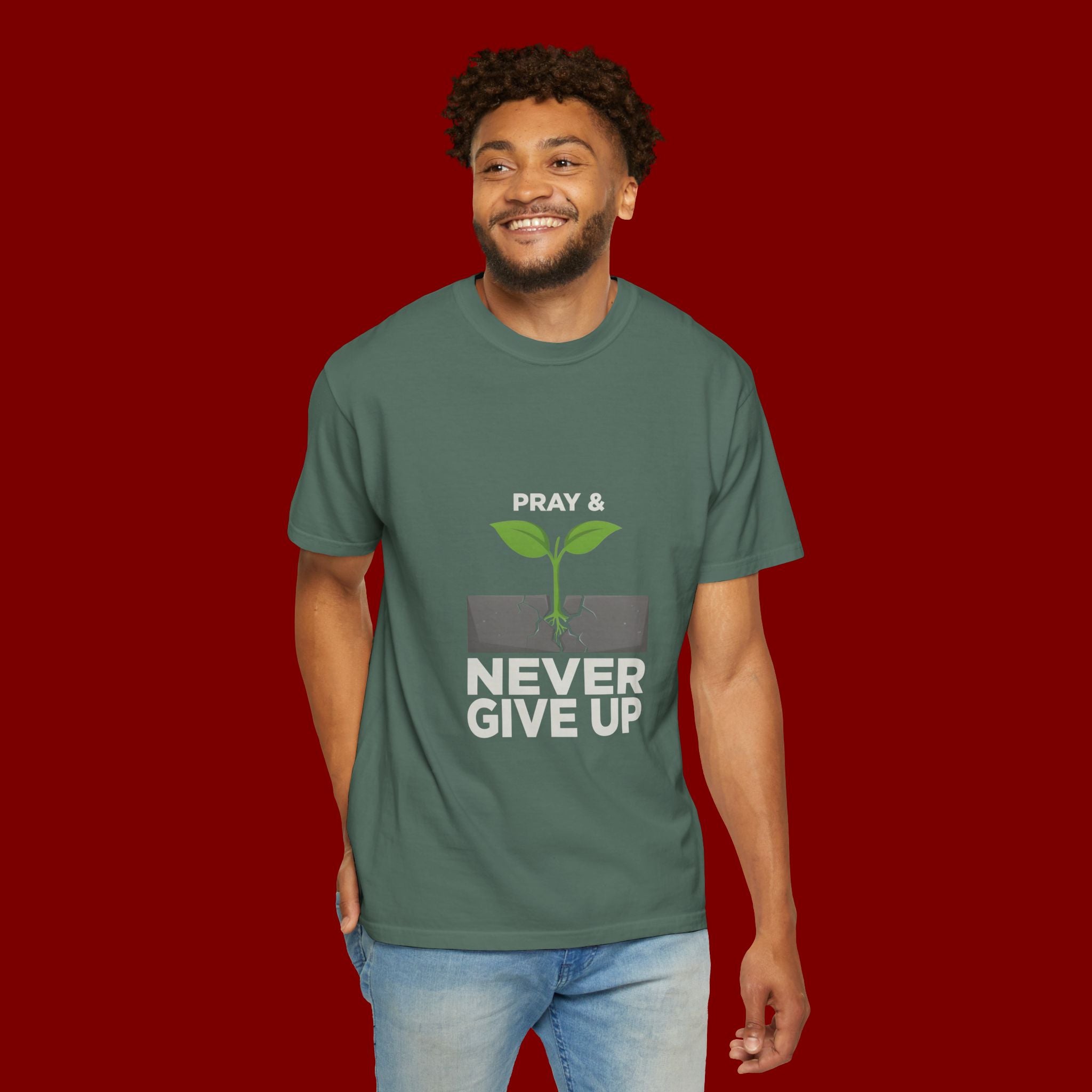 Pray & Never Give Up T-Shirt – Inspirational Faith Tee with Sprout Graphic