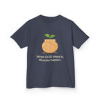 Kids Tee — "When GOD steps in, Miracles happen." Inspirational Christian T‑Shirt with Sprout Pot Design
