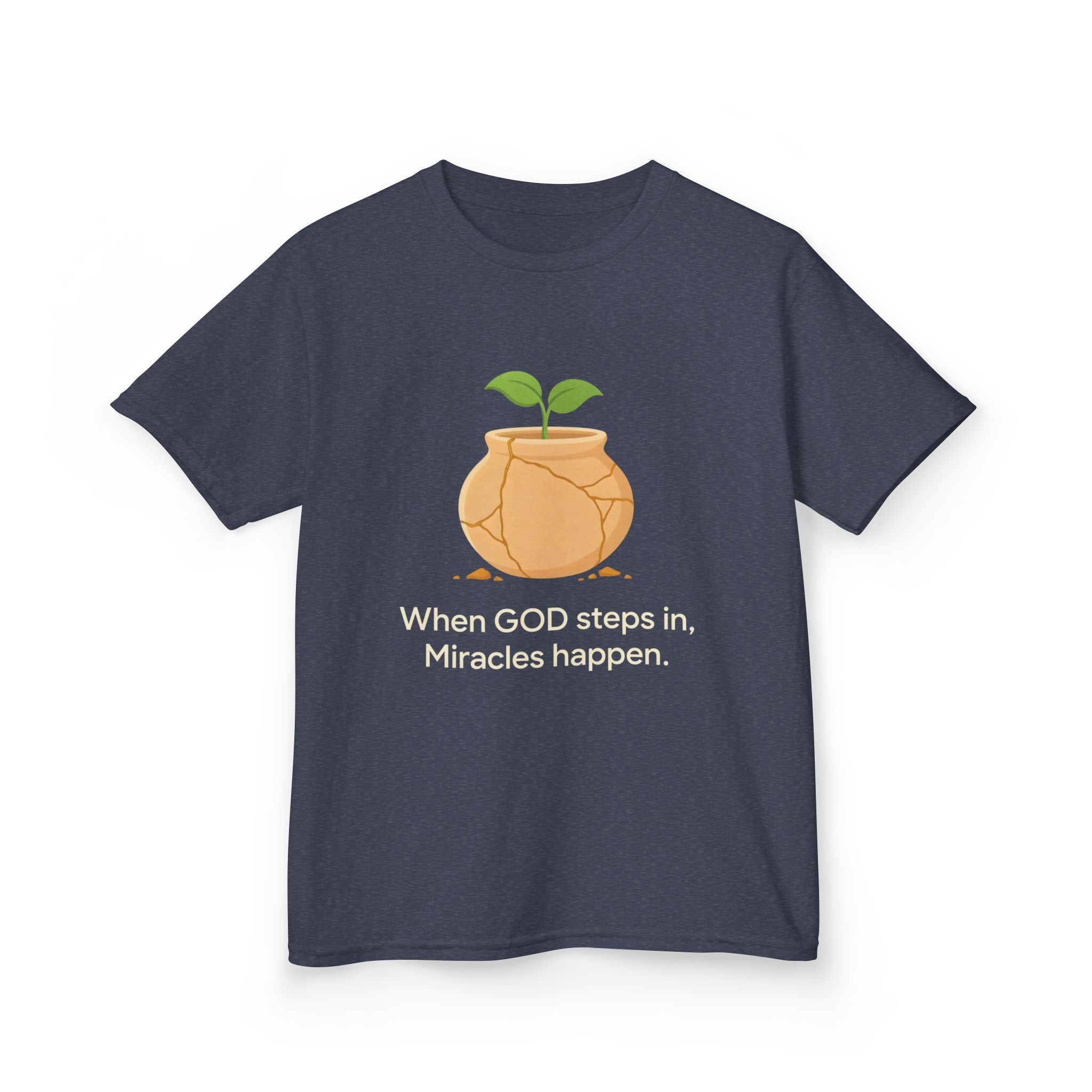 Kids Tee — "When GOD steps in, Miracles happen." Inspirational Christian T‑Shirt with Sprout Pot Design