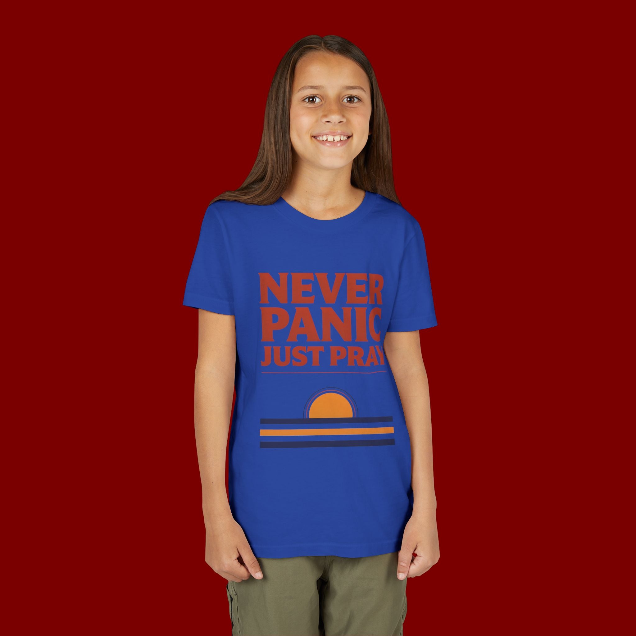 Youth Tee — "Never Panic Just Pray" Retro Sunset Kids T-Shirt