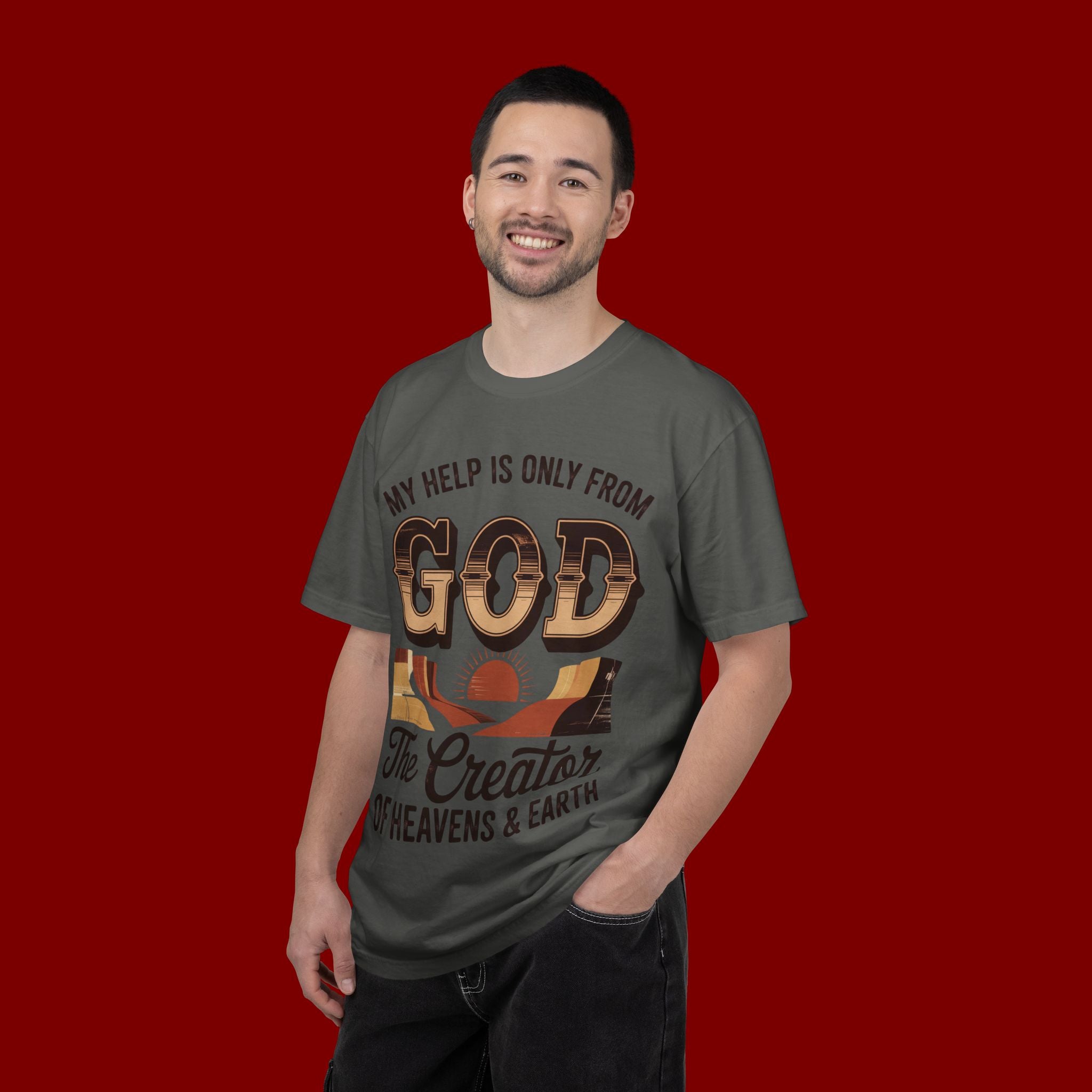 Christian T-Shirt — “My Help Is Only From God, The Creator of Heavens & Earth” Retro Faith Tee
