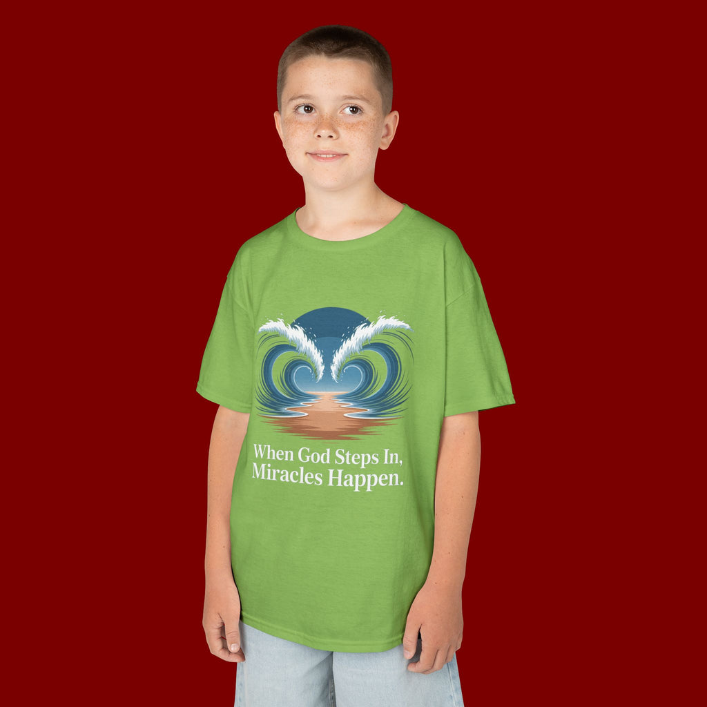 Kids Tee — “When God Steps In, Miracles Happen” Wave Heart Faith Shirt