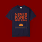 Never Panic Just Pray T‑Shirt — Retro Sunset Faith Tee