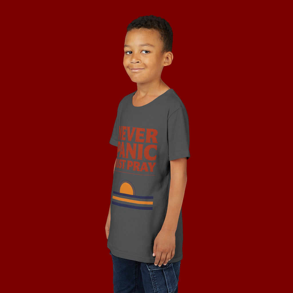 Youth Tee — "Never Panic Just Pray" Retro Sunset Kids T-Shirt