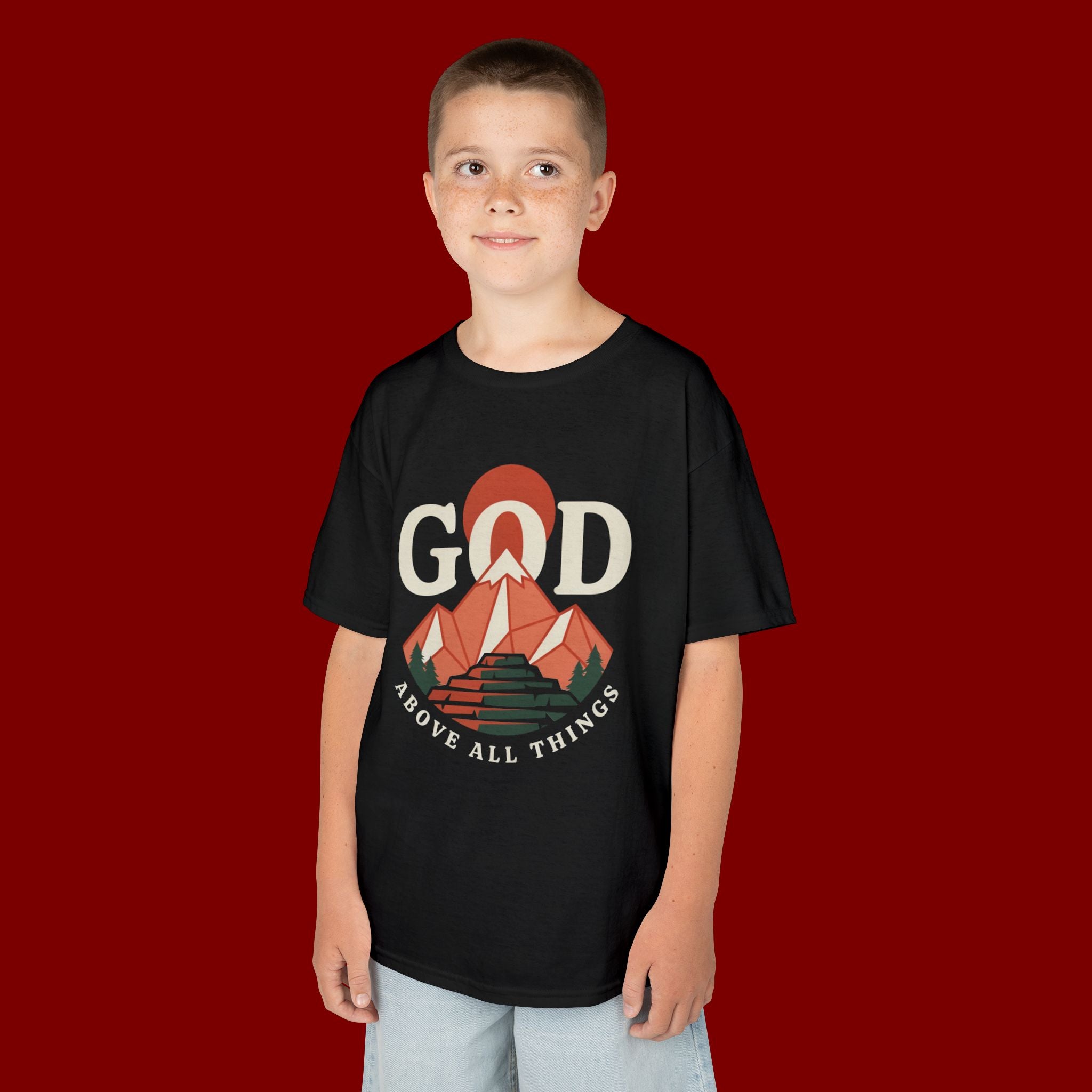 Kids Tee – 'GOD' Mountain Sunrise Faith Graphic
