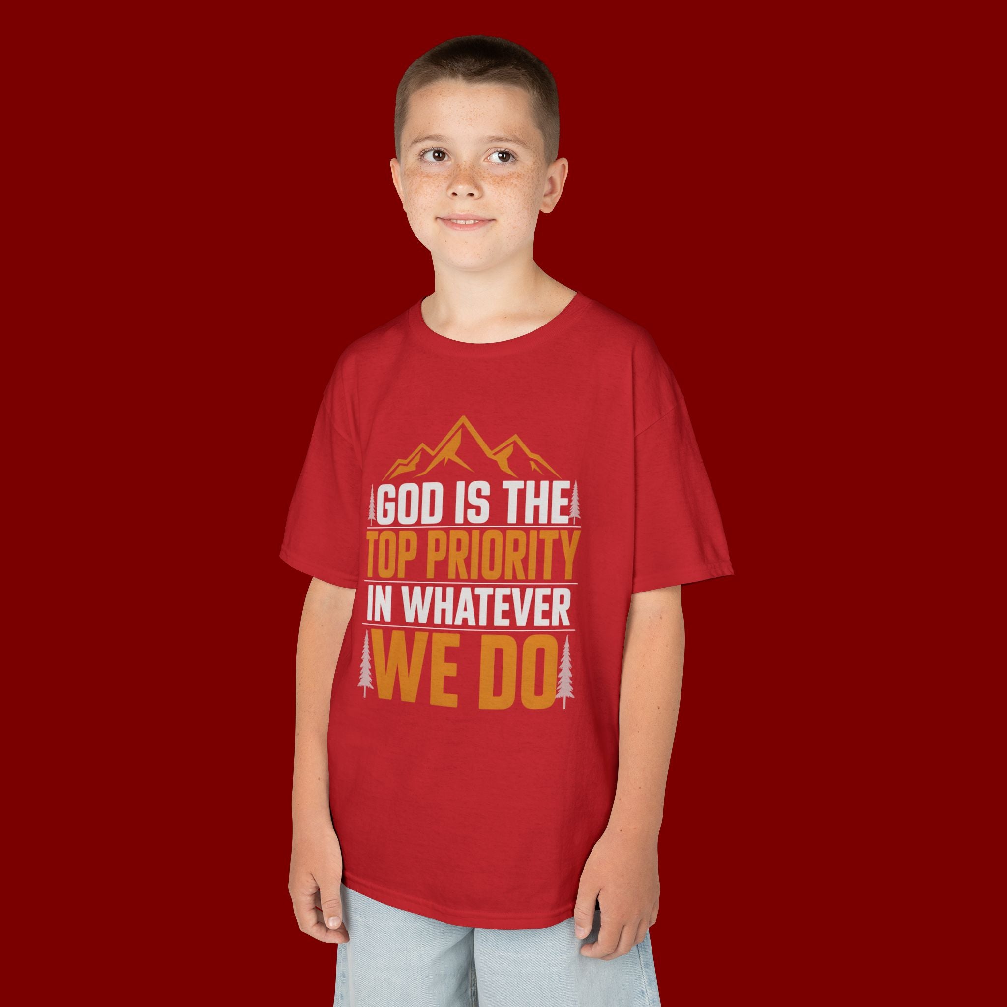 Kids Tee - "God Is the Top Priority in Whatever We Do" Faith Mountain Graphic