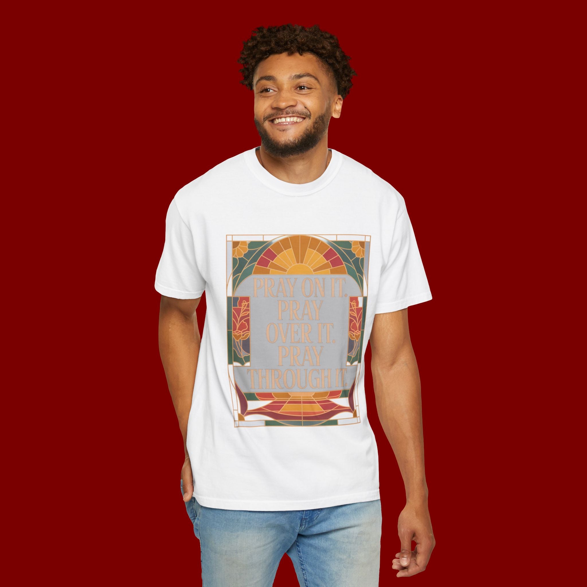 T-Shirt — Retro Sunset Floral Graphic “Play On It, Pray Over It, Pray Through It”