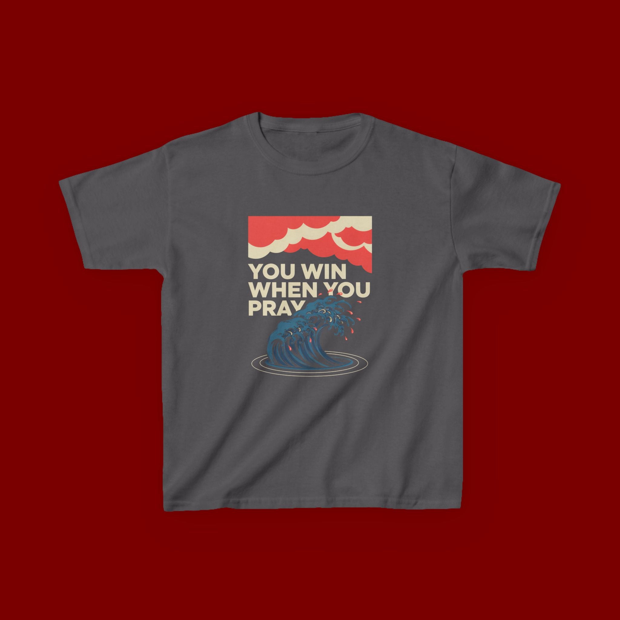 Kids Tee – “You Win When You Pray” Retro Wave Ocean Graphic