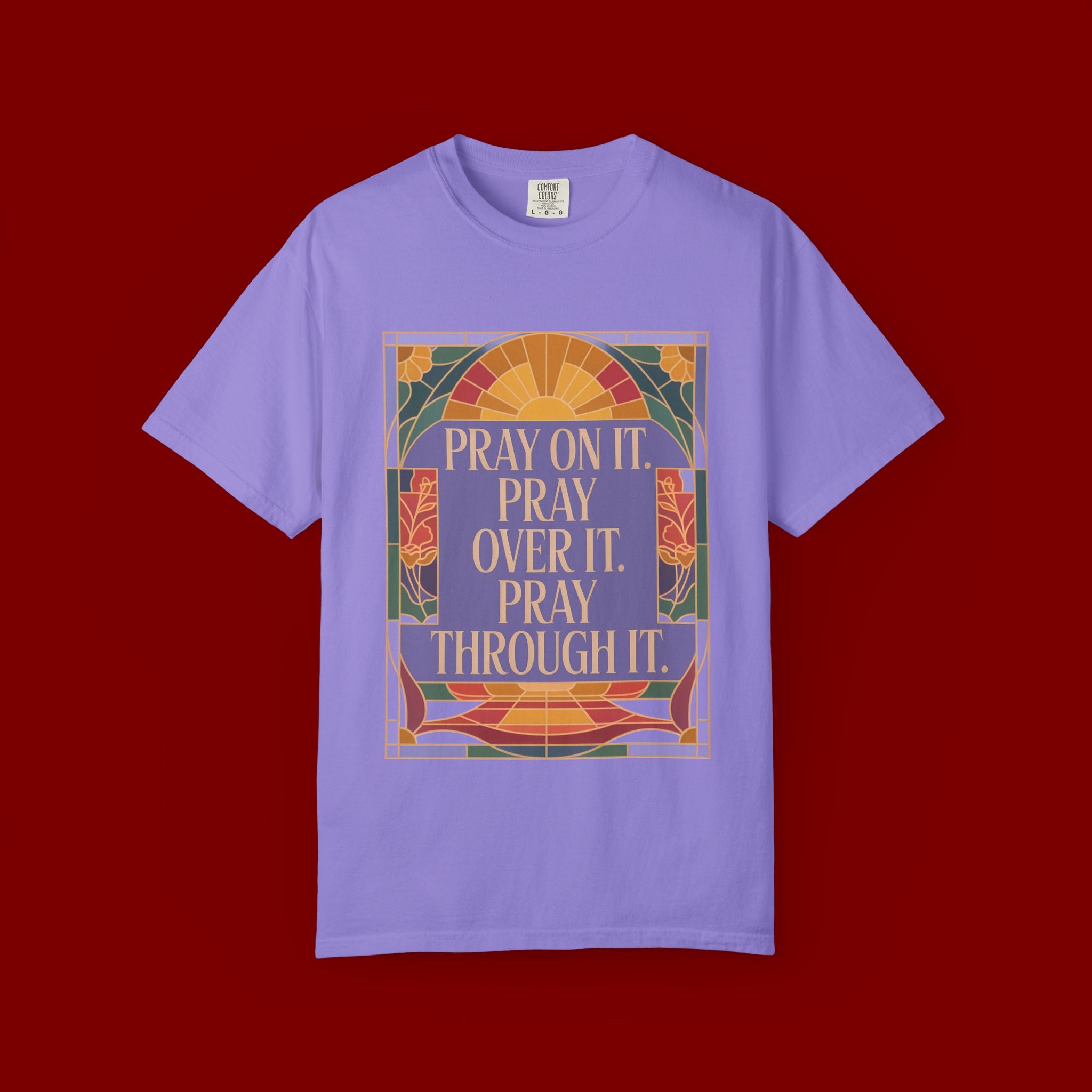 T-Shirt — Retro Sunset Floral Graphic “Play On It, Pray Over It, Pray Through It”