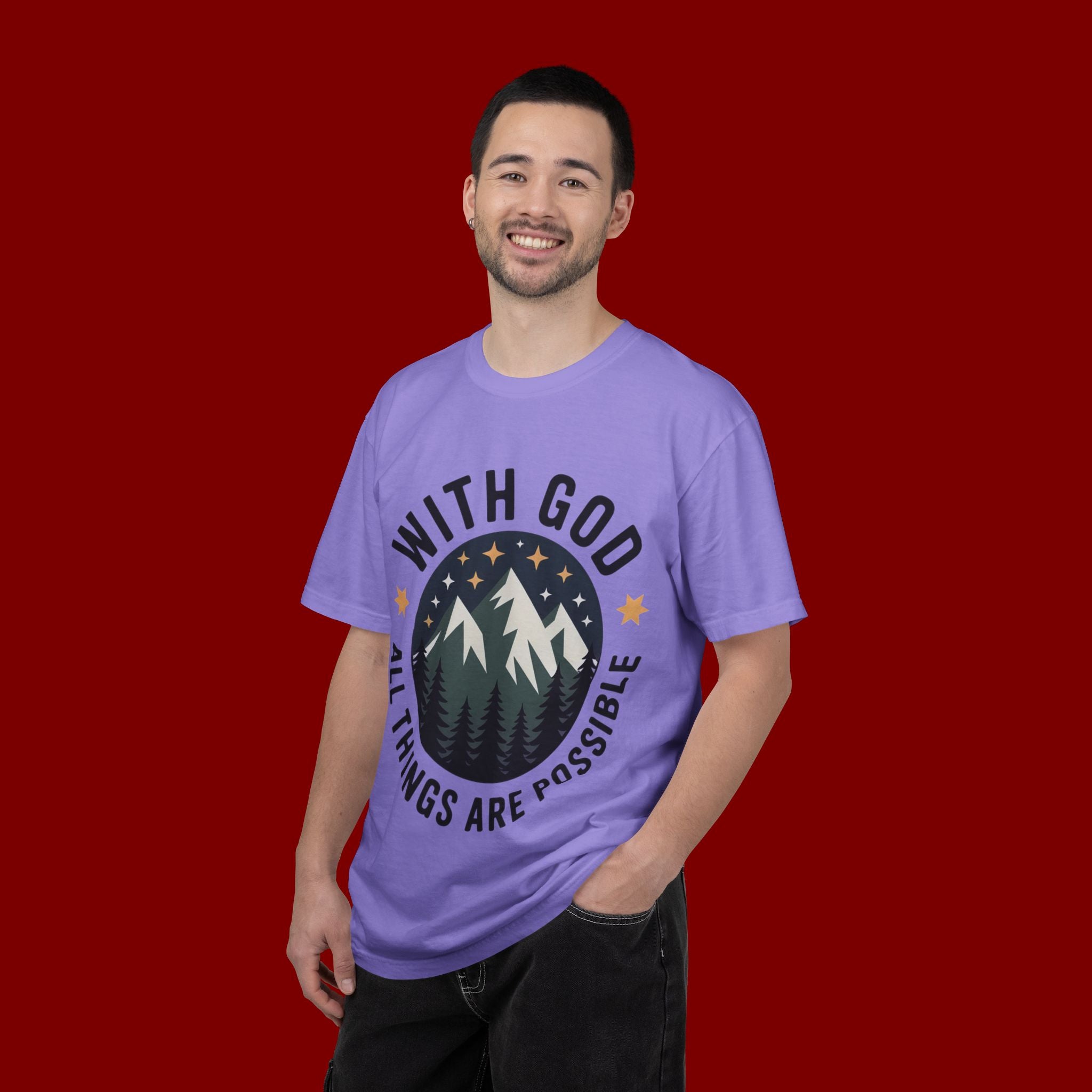 Faith-Based Mountain T-Shirt — "With God All Things Are Possible"