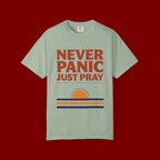 Never Panic Just Pray T‑Shirt — Retro Sunset Faith Tee