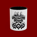 Ceramic Mug — "All Strength Comes From God" Black Accent Coffee Cup (11/15 oz)